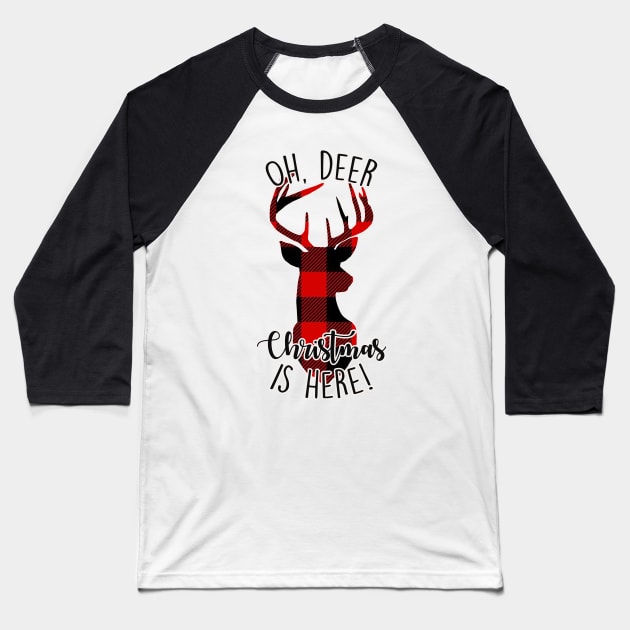Oh, Deer Christmas is Here Reindeer Baseball T-Shirt by charlescheshire